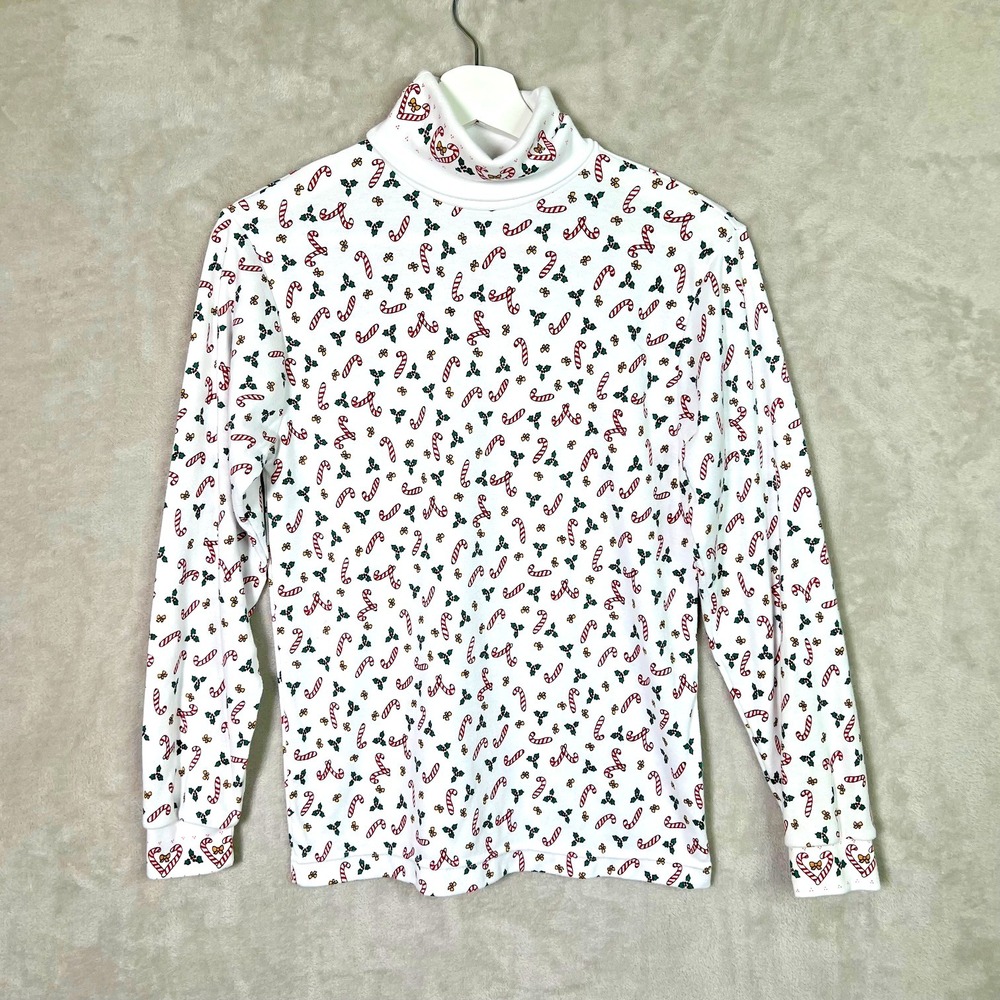 Nutcracker Turtleneck Shirt Women's S White Christmas Candy Canes Holly Grandma